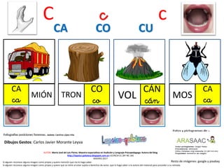 C c c
CA
ca MIÓN
CO
co
TRON
CÁN
cánVOL
CA CO CU
Resto de imágenes: google y pixabay
AUTOR: María José de Luis Flores. Maestra especialista en Audición y Lenguaje-Psicopedagoga. Autora del blog
http://lapsico-goloteca.blogspot.com.es LICENCIA CC (BY-NC-SA)
MADRID 2017
Si alguien reconoce alguna imagen como propia y quiere mención que me lo haga saber.
Si alguien reconoce alguna imagen como propia y quiere que se retire al estar sujeta a derechos de autor, que lo haga saber a la autora del material para proceder a su retirada.
CA
caMOS
Dibujos Gestos: Carlos Javier Morante Leyva
 