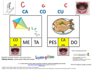 C c c
CO
co TA
Resto de imágenes: google y pixabay
AUTOR: María José de Luis Flores. Maestra especialista en Audición y Lenguaje-Psicopedagoga. Autora del blog
http://lapsico-goloteca.blogspot.com.es LICENCIA CC (BY-NC-SA)
MADRID 2018
ME
CA
caPES DO
Si alguien reconoce alguna imagen como propia y quiere mención que me lo haga saber.
Si alguien reconoce alguna imagen como propia y quiere que se retire al estar sujeta a derechos de autor, que lo haga saber a la autora del material para proceder a su retirada..
CA CO CU
Dibujos Gestos: Carlos Javier Morante Leyva
 