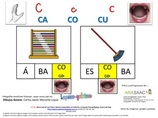 C c c
CO
coBA
Resto de imágenes: google y pixabay
AUTOR: María José de Luis Flores. Maestra especialista en Audición y Lenguaje-Psicopedagoga. Autora del blog
http://lapsico-goloteca.blogspot.com.es LICENCIA CC (BY-NC-SA)
MADRID 2018
Á
CO
coES BA
Si alguien reconoce alguna imagen como propia y quiere mención que me lo haga saber.
Si alguien reconoce alguna imagen como propia y quiere que se retire al estar sujeta a derechos de autor, que lo haga saber a la autora del material para proceder a su retirada..
CA CO CU
Dibujos Gestos: Carlos Javier Morante Leyva
 