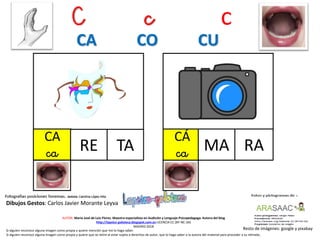 C c c
CA
ca TA
Resto de imágenes: google y pixabay
AUTOR: María José de Luis Flores. Maestra especialista en Audición y Lenguaje-Psicopedagoga. Autora del blog
http://lapsico-goloteca.blogspot.com.es LICENCIA CC (BY-NC-SA)
MADRID 2018
RE
CÁ
ca MA RA
Si alguien reconoce alguna imagen como propia y quiere mención que me lo haga saber.
Si alguien reconoce alguna imagen como propia y quiere que se retire al estar sujeta a derechos de autor, que lo haga saber a la autora del material para proceder a su retirada..
CA CO CU
Dibujos Gestos: Carlos Javier Morante Leyva
 