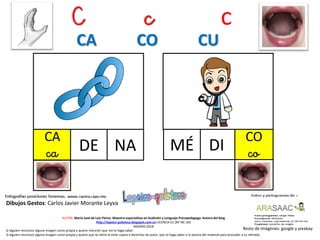 C c c
CA
ca NA
Resto de imágenes: google y pixabay
AUTOR: María José de Luis Flores. Maestra especialista en Audición y Lenguaje-Psicopedagoga. Autora del blog
http://lapsico-goloteca.blogspot.com.es LICENCIA CC (BY-NC-SA)
MADRID 2018
DE
CO
coDIMÉ
Si alguien reconoce alguna imagen como propia y quiere mención que me lo haga saber.
Si alguien reconoce alguna imagen como propia y quiere que se retire al estar sujeta a derechos de autor, que lo haga saber a la autora del material para proceder a su retirada..
CA CO CU
Dibujos Gestos: Carlos Javier Morante Leyva
 