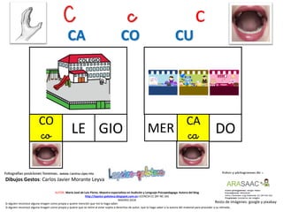 C c c
CO
co GIO
Resto de imágenes: google y pixabay
AUTOR: María José de Luis Flores. Maestra especialista en Audición y Lenguaje-Psicopedagoga. Autora del blog
http://lapsico-goloteca.blogspot.com.es LICENCIA CC (BY-NC-SA)
MADRID 2018
LE
CA
ca DOMER
Si alguien reconoce alguna imagen como propia y quiere mención que me lo haga saber.
Si alguien reconoce alguna imagen como propia y quiere que se retire al estar sujeta a derechos de autor, que lo haga saber a la autora del material para proceder a su retirada..
CA CO CU
Dibujos Gestos: Carlos Javier Morante Leyva
 