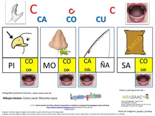 C c c
CO
coPI
CO
coMO
CA
ca ÑA
CA CO CU
Resto de imágenes: google y pixabay
AUTOR: María José de Luis Flores. Maestra especialista en Audición y Lenguaje-Psicopedagoga. Autora del blog
http://lapsico-goloteca.blogspot.com.es LICENCIA CC (BY-NC-SA)
MADRID 2017
Si alguien reconoce alguna imagen como propia y quiere mención que me lo haga saber.
Si alguien reconoce alguna imagen como propia y quiere que se retire al estar sujeta a derechos de autor, que lo haga saber a la autora del material para proceder a su retirada.
CO
coSA
Dibujos Gestos: Carlos Javier Morante Leyva
 