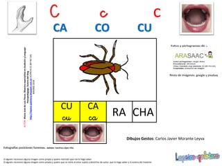 CHA
Resto de imágenes: google y pixabay
RA
Si alguien reconoce alguna imagen como propia y quiere mención que me lo haga saber.
Si alguien reconoce alguna imagen como propia y quiere que se retire al estar sujeta a derechos de autor, que lo haga saber a la autora del material.
AUTOR:MaríaJosédeLuisFlores.MaestraespecialistaenAudiciónyLenguaje-
Psicopedagoga.Autoradelblog
http://lapsico-goloteca.blogspot.com.esLICENCIACC(BY-NC-SA)
MADRID2018
C c c
CA CO CU
CA
ca
CU
cu
Dibujos Gestos: Carlos Javier Morante Leyva
 