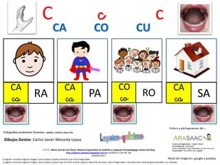 C c c
CA
ca RA
CA
ca PA
CO
co RO
CA CO CU
Resto de imágenes: google y pixabay
AUTOR: María José de Luis Flores. Maestra especialista en Audición y Lenguaje-Psicopedagoga. Autora del blog
http://lapsico-goloteca.blogspot.com.es LICENCIA CC (BY-NC-SA)
MADRID 2017
Si alguien reconoce alguna imagen como propia y quiere mención que me lo haga saber.
Si alguien reconoce alguna imagen como propia y quiere que se retire al estar sujeta a derechos de autor, que lo haga saber a la autora del material para proceder a su retirada.
CA
ca SA
Dibujos Gestos: Carlos Javier Morante Leyva
 