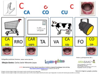 C c c
CA
ca RRO
CAR
car TA
CA
caVA
CA CO CU
Resto de imágenes: google y pixabay
AUTOR: María José de Luis Flores. Maestra especialista en Audición y Lenguaje-Psicopedagoga. Autora del blog
http://lapsico-goloteca.blogspot.com.es LICENCIA CC (BY-NC-SA)
MADRID 2017
Si alguien reconoce alguna imagen como propia y quiere mención que me lo haga saber.
Si alguien reconoce alguna imagen como propia y quiere que se retire al estar sujeta a derechos de autor, que lo haga saber a la autora del material para proceder a su retirada.
CO
coFO
Dibujos Gestos: Carlos Javier Morante Leyva
 