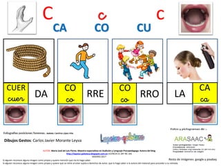 C c c
CUER
cuer DA
CO
co RRE
CO
co RRO
CA CO CU
Resto de imágenes: google y pixabay
AUTOR: María José de Luis Flores. Maestra especialista en Audición y Lenguaje-Psicopedagoga. Autora del blog
http://lapsico-goloteca.blogspot.com.es LICENCIA CC (BY-NC-SA)
MADRID 2017
Si alguien reconoce alguna imagen como propia y quiere mención que me lo haga saber.
Si alguien reconoce alguna imagen como propia y quiere que se retire al estar sujeta a derechos de autor, que lo haga saber a la autora del material para proceder a su retirada.
CA
caLA
Dibujos Gestos: Carlos Javier Morante Leyva
 
