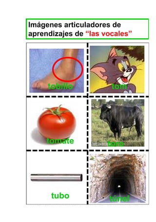 Imágenes articuladores de
aprendizajes de “las vocales”




     tobillo           tom




     tomate           toro




      tubo            túnel
 
