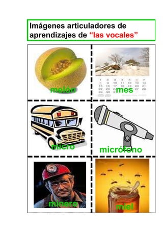 Imágenes articuladores de
aprendizajes de “las vocales”




     melón             mes




     micro        micrófono




     minero            miel
 