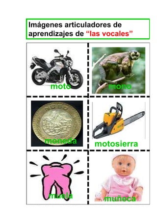Imágenes articuladores de
aprendizajes de “las vocales”




      moto            mono




    moneda        motosierra




     muela           muñeca
 