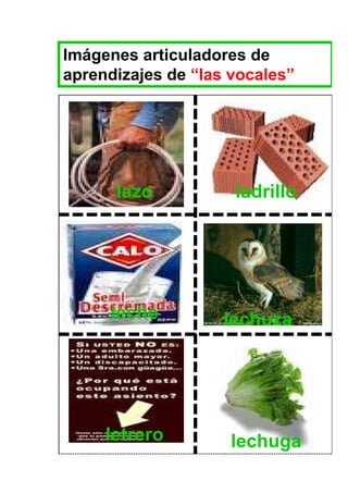 Imágenes articuladores de
aprendizajes de “las vocales”




      lazo           ladrillo




     leche          lechuza




     letrero         lechuga
 