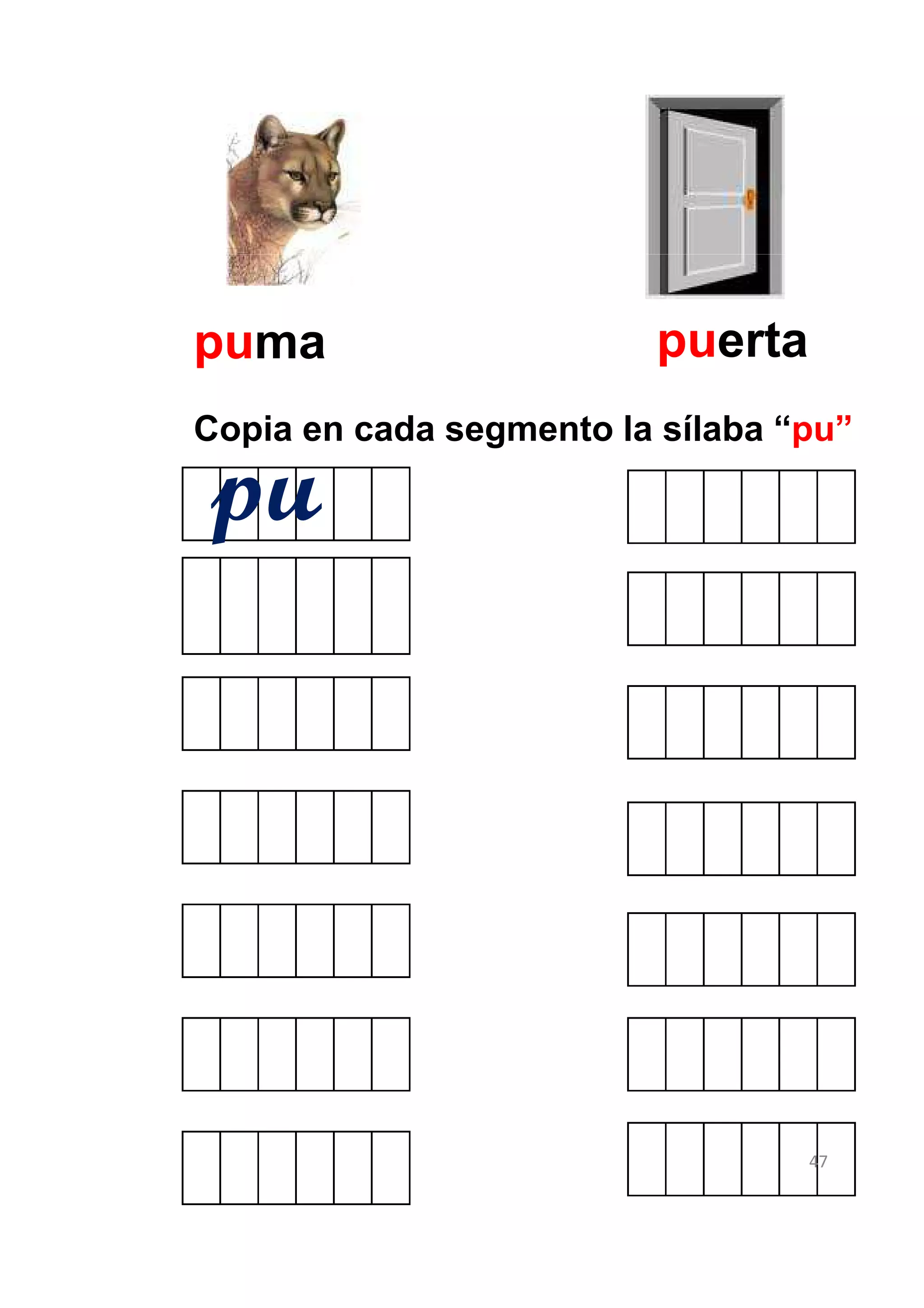 puma                     puerta
Copia en cada segmento la sílaba “pu”

pu




                                  47
 