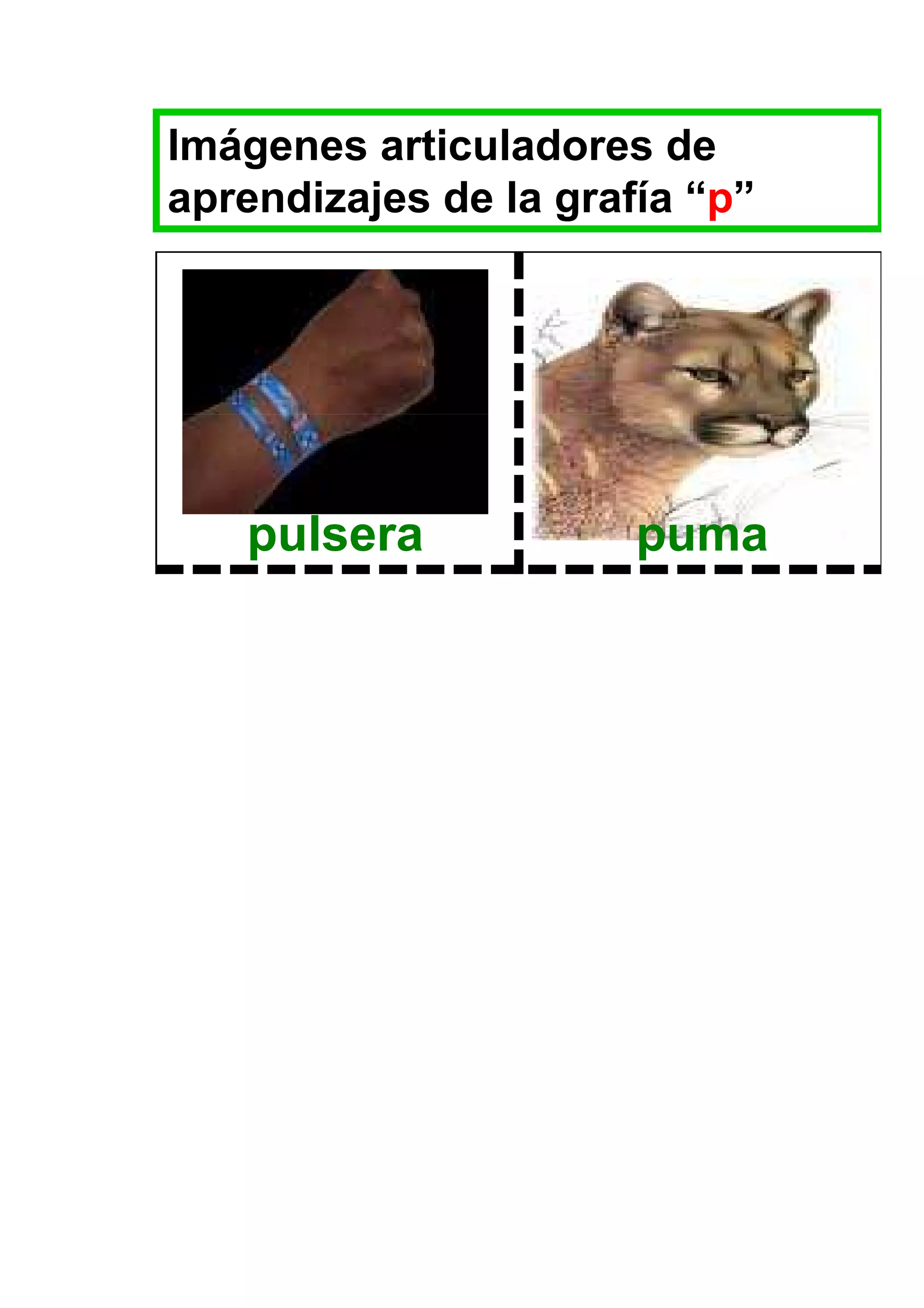 Imágenes articuladores de
aprendizajes de la grafía “p”




   pulsera             puma
 