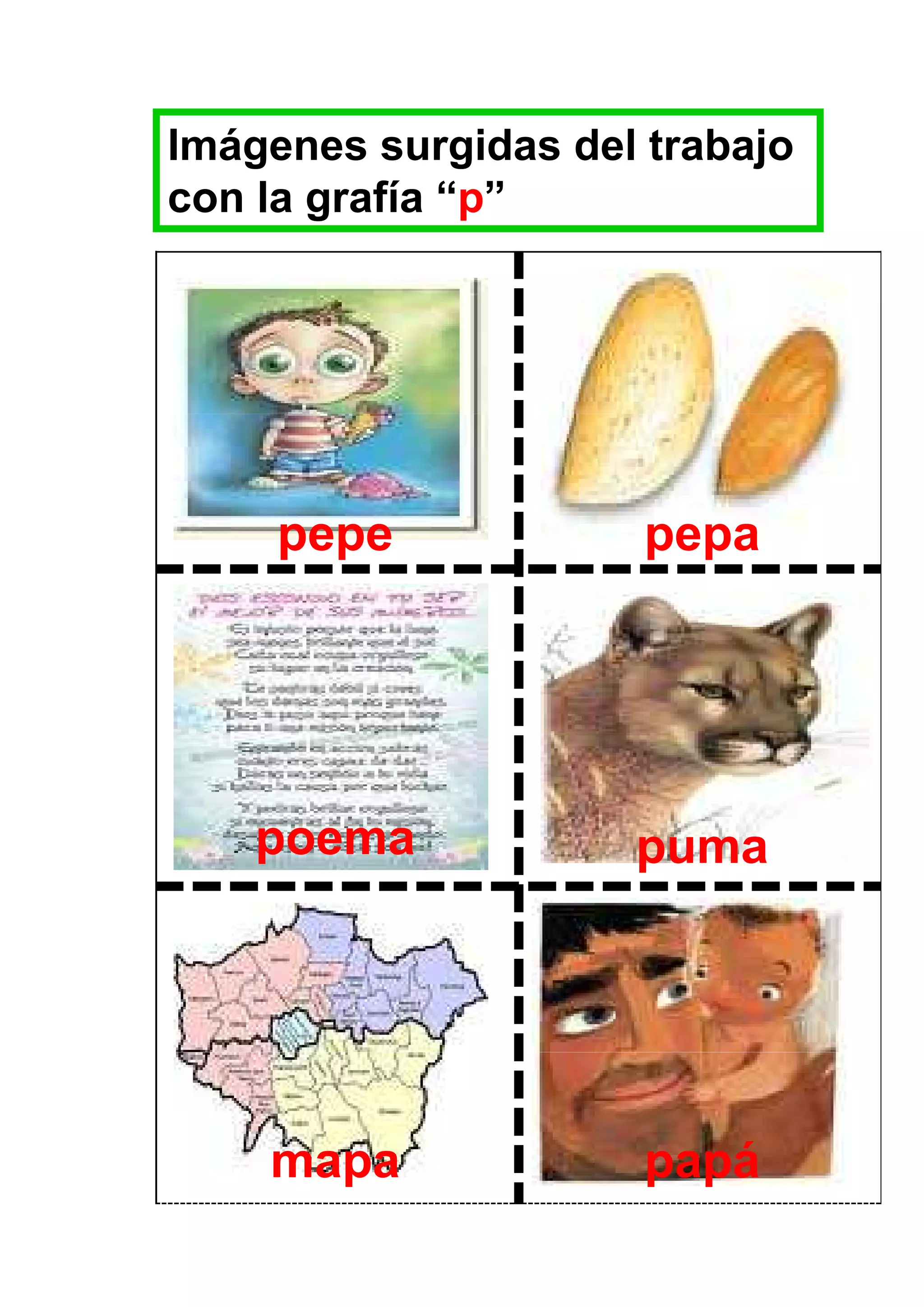Imágenes surgidas del trabajo
con la grafía “p”




     pepe             pepa




    poema            puma




    mapa              papá
 