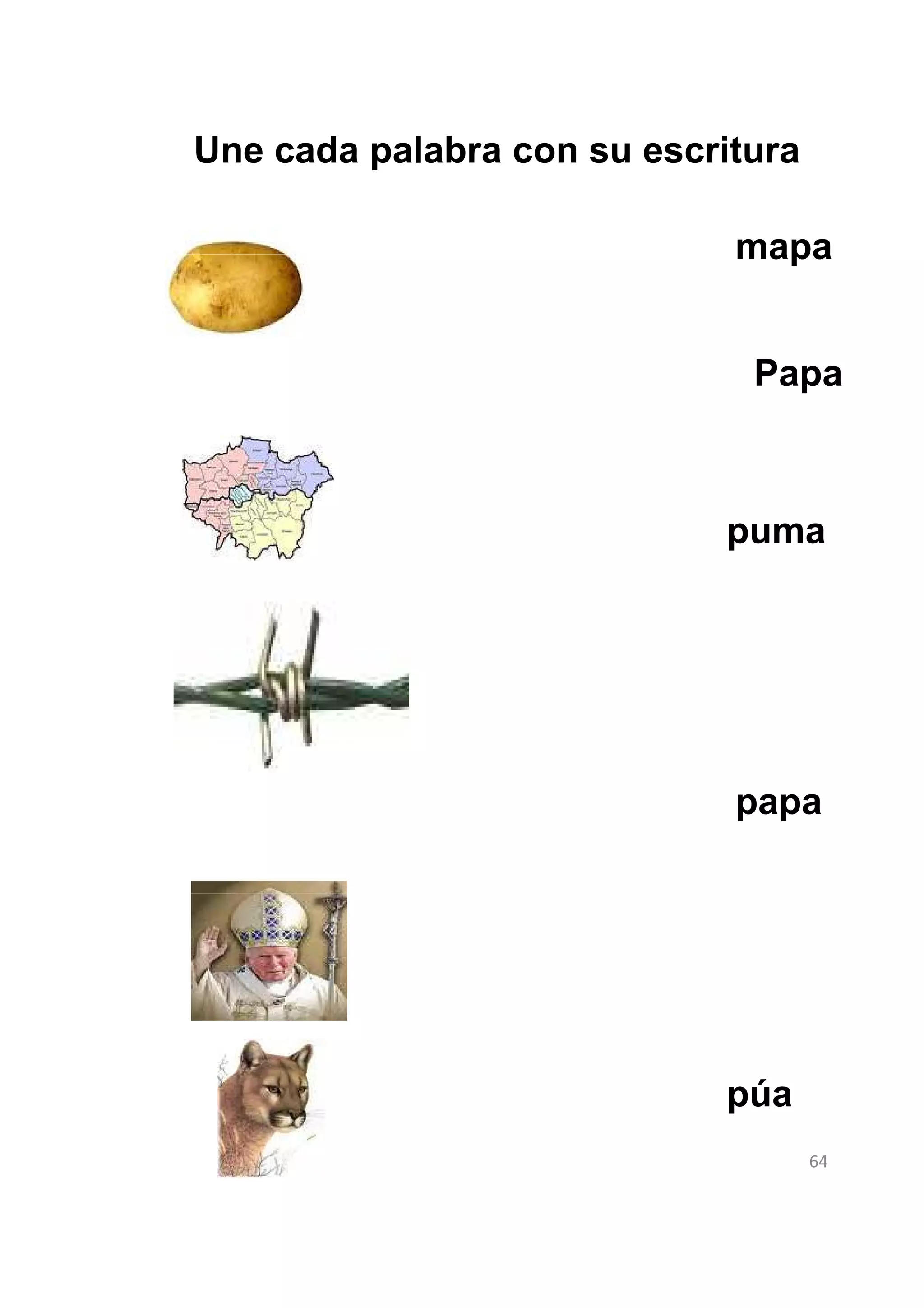 Une cada palabra con su escritura

                             mapa


                              Papa



                            puma




                             papa




                            púa
                                    64
 
