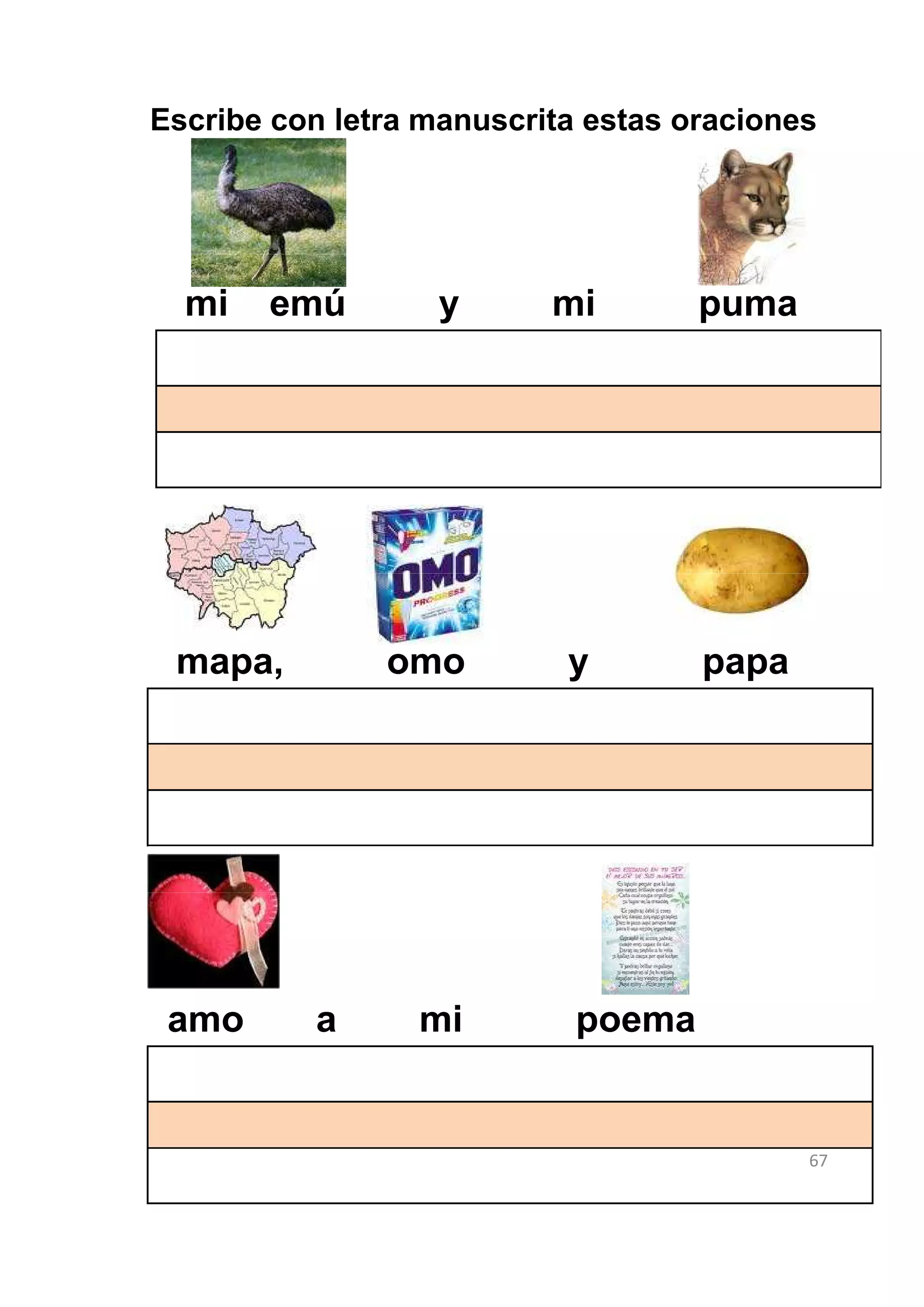 Escribe con letra manuscrita estas oraciones




  mi   emú         y      mi        puma




 mapa,         omo         y        papa




 amo      a      mi         poema


                                           67
 