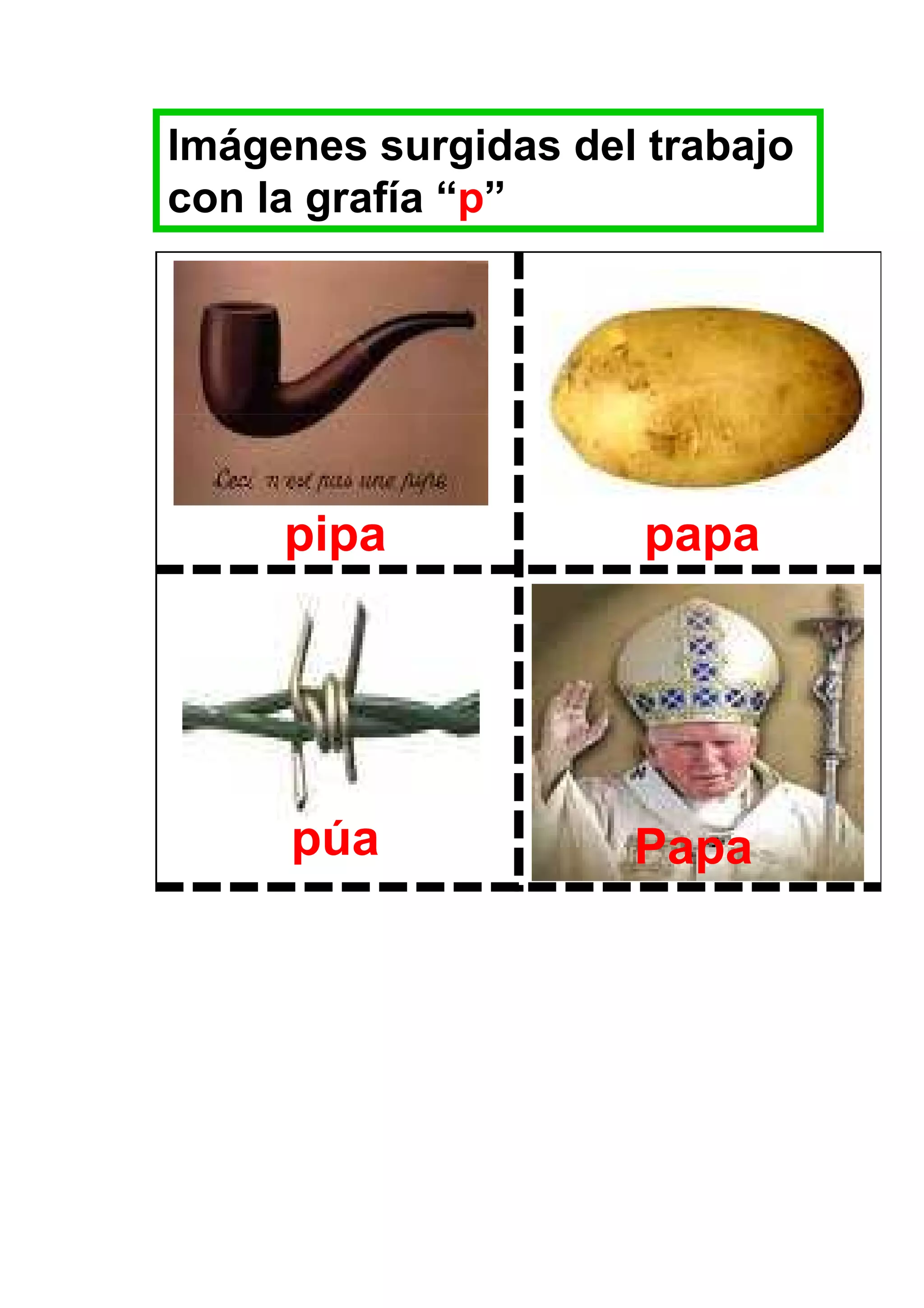 Imágenes surgidas del trabajo
con la grafía “p”




     pipa             papa




     púa             Papa
 