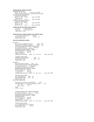 DISTRIBUCION DEL ACERO EN EL MURO
Distribución del acero vertical
Usar Ø 1/2'' @ Smax / 2 = 23cm OK
Como el ancho de la corona > 25 cm, colocar acero en las dos caras
Distribución del acero horizontal inferior
El exterior con las 2/3 partes
Usar Ø 1/2 @ Smax = 45cm OK
El interior con 1/3
Usar Ø 3/8 @ Smax = 45cm OK
Distribución del acero horizontal superior
El exterior con las 2/3 partes
Usar Ø 1/2 @ Smax = 45cm OK
El interior con 1/3
Usar Ø 3/8 @ Smax = 45cm OK
LONGITUD DE ANCLAJE PARA EL ACERO VERTICAL
Para Ø<7/8, L = Ø*fy*0.9/(6.63*f'c
0.5
)
Para Ø>=7/8, L = Ø*fy*0.9/(5.31*f'c
0.5
)
Luego, resulta L =
VERIFICACION DE LA FUERZA CORTANTE EN LA BASE DEL MURO
Vu=1.7*(1/2*Ka*gs*h
2
+Ka*gs*hs*h) = 29800 Kg
ØVc=0.85*0.53*f'c0.5
*b*d = Kg
Como Vu < ØVc, OK
CÁLCULO DE ACERO EN LA ZAPATA
Talón dorsal
Wu = 1.4*(gs*h+h1+C156+h1*gcº)+1.7*Sc = Kg/m
Mu=Wu*B22
/2-1.7*(q2*B22
/6+qmin*B22
/3) = Kg-m
Calculo de la cuantía del acero mediante el parámetro Ru:
Ru = Mu*/(b*d
2
), para b=1 m, Ru = 11,76 Kg/cm2
Por otro lado, Ru = 0.9*p*Fy*(1-0.59*p*Fy/f'c)
Resolviendo la ecuación cuadrática, p =
As = p*d*b, b=100, As = 36,6 cm2
As mín = 0.0020b*h1 = 24,0 cm2
Luego, As =
Distribución del acero vertical: Usar Ø 1/2'' @ Smax = 45cm OK
Verificando la fuerza cortante
Vu=Wu*B2*-1.7*(q2+qmin)*B2/2 = Kg
ØVc=0.85*0.53*f'c0.5
*b*d = 7 Kg
Como Vu < ØVc OK
Talón frontal
Mu=1.7*(qmax*B12
/3+q1*B12
/6) = Kg-m
Calculo de la cuantía del acero mediante el parámetro Ru:
Ru = Mu*/(b*d
2
), para b=1 m, Ru =6,04 Kg/cm2
Por otro lado, Ru = 0.9*p*Fy*(1-0.59*p*Fy/f'c)
Resolviendo la ecuación cuadrática, p =
As = p*d*b, b=100, As = 18,4 cm2
As mín = 0.0020b*h1 = 24,0 cm2
Luego, As =
Distribución del acero vertical: Usar Ø 1/2'' @ Smax = 45cm OK
Verificando la fuerza cortante
Vu=1.7*B1/2*(qmax+q1) = Kg
ØVc=0.85*0.53*f'c0.5
*b*d = Kg
Como Vu < ØVc, OK
Diente contra el deslizamiento
Empuje pasivo Pp= Kp*gs*(h1+hr)ho+Kp*gs*ho2
/2 0,00 Tn
Brazo del momento Y = (3*(h1+hr)+2*ho)*ho/(6*(h1+hr)+3*ho) =
Mn = Pp*Y = 0,00 Tn-m
Mu = 1.4 * Mn = 0
Peralte
d = B3 - r =
Calculo de la cuantía del acero mediante el parámetro Ru:
Ru = Mu*/(b*d
2
), para b=1 m, Ru = 0 Kg/cm2
Por otro lado, Ru = 0.9*p*Fy*(1-0.59*p*Fy/f'c)
Resolviendo la ecuación cuadrática, p=
Area de acero vertical
As = p*d*b, b=100, As = 0,00 cm2
As mín = 0.0015b*B3 = 5,25 cm2
Luego resulta As = 5,25 cm2
Distribución del acero vertical: Usar Ø 1/2'' @ Smax = 45cm OK
Verificando la fuerza cortante
Vu=1.7*(1/2*Kp*gs*(ho+h1+hr)
2
) = 18165 Kg
ØVc=0.85*0.53*f'c0.5
*b*d = 18279 Kg
Como Vu < ØVc, OK
13,0 cm
14,5 cm
1,5 cm
12,0 cm
73771
77092
0,16 %
36,6 cm2
3,5 cm
16,0 cm
50 cm
21906
150199
0,32 %
38238
24,0 cm2
5,0 cm
0,00
28 cm
0,00 %
24,5 cm
73597
73771
47657,1
 