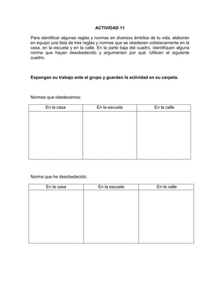ACTIVIDAD 11
Para identificar algunas reglas y normas en diversos ámbitos de tu vida, elaboren
en equipo una lista de tres reglas y normas que se obedecen cotidianamente en la
casa, en la escuela y en la calle. En la parte baja del cuadro, identifiquen alguna
norma que hayan desobedecido y argumenten por qué. Utilicen el siguiente
cuadro.

Expongan su trabajo ante el grupo y guarden la actividad en su carpeta.

Normas que obedecemos:
En la casa

En la escuela

En la calle

Norma que he desobedecido:
En la casa

En la escuela

En la calle

 
