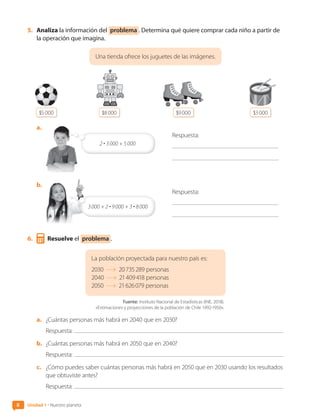5.	 Analiza la información del problema . Determina qué quiere comprar cada niño a partir de
la operación que imagina.
Una tienda ofrece los juguetes de las imágenes.
$5 000 $8 000 $9 000 $3 000
a.	
2 • 3 000 + 5 000
Respuesta:
b.	
3 000 + 2 • 9 000 + 3 • 8 000
Respuesta:
6.	 Resuelve el problema .
La población proyectada para nuestro país es:
2030 20 735 289 personas
2040 21 409 418 personas
2050 21 626 079 personas
Fuente: Instituto Nacional de Estadísticas (INE, 2018).
«Estimaciones y proyecciones de la población de Chile 1992-1950».
a.	 ¿Cuántas personas más habrá en 2040 que en 2030?
Respuesta:
b.	 ¿Cuántas personas más habrá en 2050 que en 2040?
Respuesta:
c.	 ¿Cómo puedes saber cuántas personas más habrá en 2050 que en 2030 usando los resultados
que obtuviste antes?
Respuesta:
8 Unidad 1 • Nuestro planeta
CL0000000001374 MATE_6B_CA_U1A_6772.indd 8 11-12-20 16:05
 