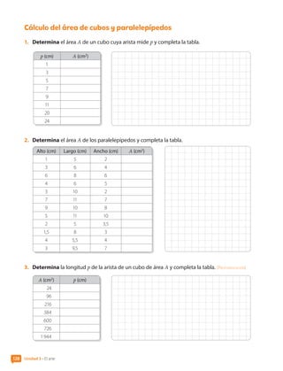 Unidad 3 • El arte
128
Cálculo del área de cubos y paralelepípedos
1.	 Determina el área A de un cubo cuya arista mide p y completa la tabla.
p (cm) A (cm2
)
1
3
5
7
9
11
20
24
2.	 Determina el área A de los paralelepípedos y completa la tabla.
Alto (cm) Largo (cm) Ancho (cm) A (cm2
)
1 5 2
3 6 4
6 8 6
4 6 5
3 10 2
7 11 7
9 10 8
5 11 10
2 5 3,5
1,5 8 3
4 5,5 4
3 9,5 7
3.	 Determina la longitud p de la arista de un cubo de área A y completa la tabla. [Profundización]
A (cm2
) p (cm)
24
96
216
384
600
726
1 944
CL0000000001374 MATE_6B_CA_U3B_7760.indd 128 11-12-20 16:10
 