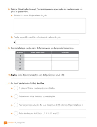 8.	 Recorta 24 cuadrados de papel. Forma rectángulos usando todos los cuadrados cada vez
y haz lo que se indica.
a.	 Representa con un dibujo cada rectángulo.
b.	 Escribe las posibles medidas de los lados de cada rectángulo.
9.	 Completa la tabla con los pares de factores y con los divisores de los números.
Número Pares de factores Divisores
8
16
28
32
96
10.	Explica cómo determinarías el m. c. m. de los números 5, 6, 7 y 10.
11.	Escribe V (verdadero) o F (falso). Justifica.
a.	 El número 16 tiene exactamente seis múltiplos.
b.	 Todo número impar tiene solo factores impares.
c.	 Para los números naturales 4 y 12, si 4 es divisor de 12, entonces 12 es múltiplo de 4.
d.	 Todos los divisores de 100 son 1, 2, 5, 10, 20, 50 y 100.
12 Unidad 1 • Nuestro planeta
CL0000000001374 MATE_6B_CA_U1A_6772.indd 12 11-12-20 16:05
 