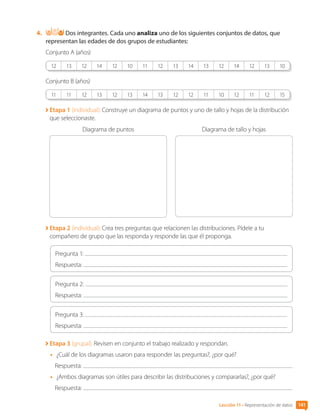 4.	 Dos integrantes. Cada uno analiza uno de los siguientes conjuntos de datos, que
representan las edades de dos grupos de estudiantes:
Conjunto A (años)
12 13 12 14 12 10 11 12 13 14 13 12 14 12 13 10
Conjunto B (años)
11 11 12 13 12 13 14 13 12 12 11 10 12 11 12 15
Etapa 1 (individual): Construye un diagrama de puntos y uno de tallo y hojas de la distribución
que seleccionaste.
Diagrama de puntos Diagrama de tallo y hojas
Etapa 2 (individual): Crea tres preguntas que relacionen las distribuciones. Pídele a tu
compañero de grupo que las responda y responde las que él proponga.
Pregunta 1:
Respuesta:
Pregunta 2:
Respuesta:
Pregunta 3:
Respuesta:
Etapa 3 (grupal): Revisen en conjunto el trabajo realizado y respondan.
•	 ¿Cuál de los diagramas usaron para responder las preguntas?, ¿por qué?
Respuesta:
•	 ¿Ambos diagramas son útiles para describir las distribuciones y compararlas?, ¿por qué?
Respuesta:
Lección 11 • Representación de datos 141
CL0000000001374 MATE_6B_CA_U4A_7752.indd 141 11-12-20 16:11
 