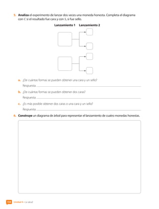 5.	 Analiza el experimento de lanzar dos veces una moneda honesta. Completa el diagrama
con C si el resultado fue cara y con S, si fue sello.
Lanzamiento 1 Lanzamiento 2
a.	 ¿De cuántas formas se pueden obtener una cara y un sello?
Respuesta:
b.	 ¿De cuántas formas se pueden obtener dos caras?
Respuesta:
c.	 ¿Es más posible obtener dos caras o una cara y un sello?
Respuesta:
6.	 Construye un diagrama de árbol para representar el lanzamiento de cuatro monedas honestas.
Unidad 4 • La salud
154
CL0000000001374 MATE_6B_CA_U4B_7757.indd 154 11-12-20 16:11
 