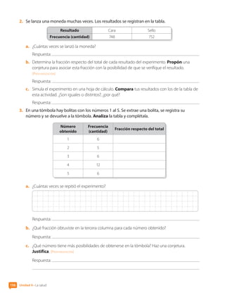 2.	 Se lanza una moneda muchas veces. Los resultados se registran en la tabla.
Resultado Cara Sello
Frecuencia (cantidad) 748 752
a.	 ¿Cuántas veces se lanzó la moneda?
Respuesta:
b.	 Determina la fracción respecto del total de cada resultado del experimento. Propón una
conjetura para asociar esta fracción con la posibilidad de que se verifique el resultado.
[Profundización]
Respuesta:
c.	 Simula el experimento en una hoja de cálculo. Compara tus resultados con los de la tabla de
esta actividad. ¿Son iguales o distintos?, ¿por qué?
Respuesta:
3.	 En una tómbola hay bolitas con los números 1 al 5. Se extrae una bolita, se registra su
número y se devuelve a la tómbola. Analiza la tabla y complétala.
Número
obtenido
Frecuencia
(cantidad)
Fracción respecto del total
1 6
2 5
3 6
4 12
5 6
a.	 ¿Cuántas veces se repitió el experimento?
Respuesta:
b.	 ¿Qué fracción obtuviste en la tercera columna para cada número obtenido?
Respuesta:
c.	 ¿Qué número tiene más posibilidades de obtenerse en la tómbola? Haz una conjetura.
Justifica. [Profundización]
Respuesta:
Unidad 4 • La salud
156
CL0000000001374 MATE_6B_CA_U4B_7757.indd 156 11-12-20 16:11
 