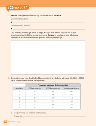 ¿Cómo vas?
1.	 Propón un experimento aleatorio y uno no aleatorio. Justifica.
Experimento aleatorio:
Experimento no aleatorio:
2.	 Una persona puede viajar en un bus tipo A o tipo B. En ambos tipos de bus puede
seleccionar asiento clásico, semicama o cama. Construye un diagrama de árbol para
representar las distintas formas en que una persona puede viajar.
3.	 Se simula en una hoja de cálculo el lanzamiento de un dado de seis caras 100, 1 000 y 10 000
veces. Los resultados fueron los siguientes:
Frecuencia (cantidad de lanzamientos)
Resultado 100 lanzamientos 1 000 lanzamientos 10 000 lanzamientos
1 27 168 1 667
2 13 169 1 664
3 21 179 1 668
4 18 171 1 661
5 7 166 1 659
6 14 147 1 681
a.	 El experimento, ¿es aleatorio o no? Justifica.
Respuesta:
Unidad 4 • La salud
160
CL0000000001374 MATE_6B_CA_U4B_7757.indd 160 11-12-20 16:11
 