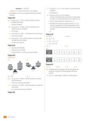 Solucionario
174
Solución: x = 186 793
Etapa 3: • Las soluciones entre sí son iguales.
•	 El resultado es el mismo, independiente del método
utilizado.
Página 82
8.a.	 • Ecuación: x + 1 346 = 60 000, donde x son las
unidades fabricadas.
•	 58 654 unidades.
b.	 • Ecuación: x – 47 990 = 202 010, donde x es el
dinero inicial en la tarjeta.
•	 $ 250 000.
c.	 • Ecuación: 2x + 100 = 1 700, donde x es el número.
•	 El número es 800.
d.	 • Ecuación: x + 64 = 6 959, donde x es la altura del
Nevado Ojos del Salado.
•	 La altura es 6 895 m.
Página 83
e.	 • El precio es $ 90 000.
•	 El precio es $ 140 000.
•	 El precio de los 3 artículos sería $ 520 000.
Página 84
¿Cómo vas?
1.a.	
2
2 2 2 2 2 2
2 2
1
2
2
2
2 2
2
2
2
2
2
h
h = 11
b.	
j
j
j
j
j
5
5
5
5
5
5
5
j = 7
2.a.	 207 b.	 7
3.a.	 • Ecuación: x – 9 000 = 20 990, donde x es el valor
del videojuego.
•	 El precio original es $ 29 990.
b.	 • Ecuación: x + 4 000 = 9 000, donde x es el valor de
la mesada.
•	 La mesada de Tamara es $5 000.
Página 85
c.	 • 
Ecuación: x + 6 = 4 • 18, donde x es el número de
capítulos.
•	 66 capítulos.
d.	 • 
buenas noches y como siempre
acomp``àñandolosEl procedimiento es adecuado
en pasos 1 y 2, pero presenta error en pasos 3 y 4.
•	 Paso 3, porque eliminó cada letra b = 2.
•	 Ejemplo de respuesta: mantener pasos 1 y 2. El
paso 3 es agrupar los “2” de la izquierda y las “b”
y “4” de la derecha. Identificar la ecuación y luego
resolver.
•	 4
Página 86
1.a.	 4x + 1 b.	 x • x
2.a.	 x : 8 = 12
b.	 2x – 5 = 31 – 8
c.	 124 – 2x = 58
3.a.	 5 b.	 1
4.a.	
Posición 1 2 3 4 5 6
Valor 8 18 28 38 48 58
b.	
Posición 1 3 5 10 15 20
Valor 10 22 34 64 94 124
Página 87
5.a.	 9 b.	 75 c.	 8 d.	 3
6.a.	 El doble del peso del gato más el peso del perro
pequeño es igual a la mitad del peso del perro
grande.
b.	 Lucas: 11 videojuegos ; Fabián: 22 videojuegos.
CL0000000001374 MATE_6B_CA_Solu_P2_7610.indd 174 11-12-20 16:13
 
