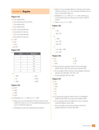 Lección 8 : Ángulos
Página 102
1.  a. Son adyacentes.
b.	Son opuestos por el vértice.
c.	Son adyacentes.
d.	Son adyacentes.
2.  a. Son correspondientes.
b.	Son alternos internos.
c.	Son correspondientes.
d.	Son alternos externos.
3.  a. 145º
b.	25º
c.	136º
d.	d. 87º
Página 103
4.  a. 
Letra Medida (°)
a 60
b 120
c 60
d 60
e 120
f 60
g 120
b.	
•	 180º
•	 0º
•	 180º
•	 60º
•	 240º
•	 300º
Página 104
5.  a. 250º
b.	180º
c.	180º
d.	224º
6.  a. Verdadera, b + c = 180º y e + h = 180º.
b.	Falsa, g y e son opuestos por el vértice, por lo tanto,
miden lo mismo. L y L1 no son perpendiculares por lo
que no mide 90º cada uno.
c.	Verdadera, ya que son opuestos por el vértice.
d.	Falsa, f y d son ángulos alternos internos, por lo tanto,
miden lo mismo. L y L1 no son perpendiculares por lo
que no mide 90º cada uno.
e.	Verdadera, h + g = 180º y h + e = 180º, además, g y
e son opuestos por el vértice, por lo tanto, miden lo
mismo.
f.	 Falsa, e + g + f + h = 360º.
Página 105
7.  a. 
•	 90º
•	 b = 45º
b.	
•	 180º
•	 a = 97º
•	 b = 83º
c.	
•	 a + 2a = 180º
•	 a = 60º
Página 106
1.  a. SÍ
b.	SÍ
c.	NO
d.	SÍ
e.	NO
f.	 SÍ
2.  a. No, porque los ángulos internos de un triángulo
deben medir 180º y en este caso medirían 270º.
b.	Sí, un ángulo interior obtuso y dos ángulos interiores
agudos, por ejemplo: 125º, 30º y 25º.
c.	Sí, por ejemplo: 40º, 55º y 85º.
Página 107
3.  a. SÍ
b.	NO
c.	NO
d.	SÍ
e.	SÍ
f.	 SÍ
4.  a. Sí, porque los ángulos internos de un cuadrilátero
deben medir 360º y en este caso medirían 360º.
b.	Sí, un ángulo interior de 200º y los otros 3 ángulos
interiores deben sumar 160º.
c.	No, no puede construirse, ya que la suma de 4
ángulos agudos es menor que 360°.
Solucionario 179
CL0000000001374 MATE_6B_CA_Solu_P3_7725.indd 179 11-12-20 16:13
 
