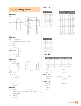 Solucionario 183
Lección 1O: 
Área y volumen
Página 124
1.a.	
2 cm 2 cm
2 cm
2 cm
b.	
2 cm
1 cm
1 cm 1 cm
3 cm
2 cm
1 cm
Página 125
2.a.	 1 y 3 ; 2 y 4 ; 5 y 6.
b.	 Los tres deben ser mayor que cero.
c.	 52 cm2
.
3.a.	 150 cm2
.
5 cm
5 cm
5 cm
Página 126
b.	 216 cm2
.
6 cm
6 cm
6 cm
c.	 248 cm2.
6 cm
4 cm
10 cm
d.	 224 cm2
.
12 cm
4 cm
4 cm
Página 127
4.a.	 • 25 cm2
. •	 150 cm2
.
•	 El área de la red es igual al área de la caja que
armará María.
b.	 • 484 cm2
.
•	 316 cm2
.
Página 128
1.	
P (cm) A (cm2
)
1 6
3 54
5 150
7 294
9 486
11 726
20 2 400
24 3 456
2.	
Alto
(cm)
Largo
(cm)
Ancho
(cm)
A (cm2
)
1 5 2 34
3 6 4 108
6 8 6 264
4 6 5 148
3 10 2 112
7 11 7 406
9 10 8 484
5 11 10 430
2 5 3,5 69
1,5 8 3 81
4 5,5 4 120
3 9,5 7 232
3.	
A (cm2
) p (cm)
24 2
96 4
216 6
384 8
600 10
726 11
1 944 18
Página 129
4.	
A (cm2
) Alto (cm) Largo (cm) Ancho (cm)
76 2 5 4
94 3 5 4
112 2 8 4
144 3 6 6
240 6 7 6
5.a.	 • 18 cm2
. •	 72 cm2
.
b.	 • 225 cm2
. •	 1 350 cm2
.
Página 130
c.	 • 1 300 cm2
. •	 1 332 cm2
. •	 Natalia.
d.	 • 337,5 cm2
. •	 1 237,5 cm2
.
Página 131
e.	 • 150 cm2
. •	 450 cm2
.
f.	 • 37,5 m2
.
•	 14 m2
.
•	 49,5 m2
.
CL0000000001374 MATE_6B_CA_Solu_P4_7764.indd 183 11-12-20 16:14
 