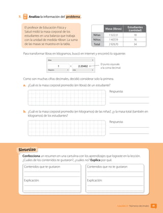 Confecciona un resumen en una cartulina con los aprendizajes que lograste en la lección.
¿Cuáles de los contenidos te gustaron?, ¿cuáles no? Explica por qué.
Contenidos que te gustaron
	
Explicación: 	
	
	
Contenidos que no te gustaron
	
Explicación: 	
	
	
Sintetiza
7.	 Analiza la información del problema .
El profesor de Educación Física y
Salud midió la masa corporal de los
estudiantes en una balanza que trabaja
con la unidad de medida «libra». La suma
de las masas se muestra en la tabla.
Masa (libras)
Estudiantes
(cantidad)
Niñas 1 522,51 18
Niños 1 407,19 16
Total 2 929,70 34
Para transformar libras en kilogramos, buscó en internet y encontró lo siguiente:
El punto equivale
a la coma decimal.
Como son muchas cifras decimales, decidió considerar solo la primera.
a.	 ¿Cuál es la masa corporal promedio (en libras) de un estudiante?
Respuesta:
	
b.	 ¿Cuál es la masa corporal promedio (en kilogramos) de las niñas?, ¿y la masa total (también en
kilogramos) de los estudiantes?
Respuesta:
	
41
Lección 3 • Números decimales
CL0000000001374 MATE_6B_CA_U1B_7104.indd 41 11-12-20 16:06
 