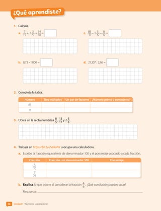 ¿Qué aprendiste?
Unidad 1 • Números y operaciones
56
1.	 	Calcula.
a.	 7
15
+ 2 3
5
+ 34
10
=
b.	 8,73 • 1 000 =
c.	 85
9
– 1 5
6
– 8
12
=
d.	 21,307 : 2,86 =
2.	 	
Completa la tabla.
Número Tres múltiplos Un par de factores ¿Número primo o compuesto?
81
11
3.	 	
Ubica en la recta numérica 8
5
 , 13
17
y 2 3
8
.
4.	 	Trabaja en https://bit.ly/2v6koIW u ocupa una calculadora.
a.	 Escribe la fracción equivalente de denominador 100 y el porcentaje asociado a cada fracción.
Fracción Fracción con denominador 100 Porcentaje
3
10
7
25
b.	 Explica lo que ocurre al considerar la fracción 4
6
. ¿Qué conclusión puedes sacar?
Respuesta:
CL0000000001374 MATE_6B_CA_U1B_7104.indd 56 11-12-20 16:06
 