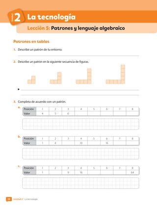 58
Unidad
2
Lección 5: Patrones y lenguaje algebraico
La tecnología
Patrones en tablas
1.	 Describe un patrón de tu entorno.
2.	 Describe un patrón en la siguiente secuencia de figuras.
3.	 Completa de acuerdo con un patrón.
a.	
Posición 1 2 3 4 5 6 7 8
Valor 4 5 6
b.	
Posición 1 2 3 4 5 6 7 8
Valor 1 4 10 16
c.	
Posición 1 2 3 4 5 6 7 8
Valor 1 9 16 64
Unidad 2 • La tecnología
58
CL0000000001374 MATE_6B_CA_U2_7150.indd 58 11-12-20 16:07
 