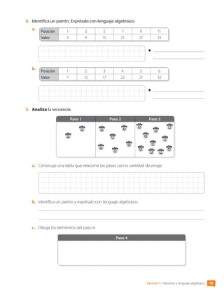 59
4.	 Identifica un patrón. Exprésalo con lenguaje algebraico.
a.	
Posición 1 3 5 7 9 11
Valor 3 9 15 21 27 33
b.	
Posición 1 2 3 4 5 6
Valor 7 12 17 22 27 32
5.	 Analiza la secuencia.
Paso 1 Paso 2 Paso 3
a.	 Construye una tabla que relacione los pasos con la cantidad de emojis.
b.	 Identifica un patrón y exprésalo con lenguaje algebraico.
c.	 Dibuja los elementos del paso 4.
Paso 4
Lección 5 • Patrones y lenguaje algebraico 59
CL0000000001374 MATE_6B_CA_U2_7150.indd 59 11-12-20 16:07
 