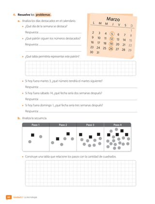 6.	 Resuelve los problemas .
a.	 Analiza los días destacados en el calendario.
•	 ¿Qué día de la semana se destaca?
Respuesta:
•	 ¿Qué patrón siguen los números destacados?
Respuesta:
•	 ¿Qué tabla permitiría representar este patrón?
•	 Si hoy fuera martes 3, ¿qué número tendría el martes siguiente?
Respuesta:
•	 Si hoy fuera sábado 14, ¿qué fecha sería dos semanas después?
Respuesta:
•	 Si hoy fuera domingo 1, ¿qué fecha sería tres semanas después?
Respuesta:
b.	 Analiza la secuencia.
Paso 1 Paso 2 Paso 3 Paso 4
•	 Construye una tabla que relacione los pasos con la cantidad de cuadrados.
Unidad 2 • La tecnología
60
CL0000000001374 MATE_6B_CA_U2_7150.indd 60 11-12-20 16:07
 