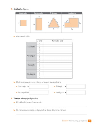 4.	 Analiza las figuras.
Cuadrado Rectángulo Triángulo Hexágono
q
q q
q
2q
2q
3q
q
q
q
2q
q
a.	 Completa la tabla.
Cuadrado
1
2
5
12
Rectángulo
1
2
5
12
Triángulo
1
2
5
12
Hexágono
1
2
5
12
q (cm) Perímetro (cm)
b.	 Modela cada perímetro mediante una expresión algebraica.
•	 Cuadrado
•	 Rectángulo
•	 Triángulo
•	 Hexágono
5.	 Traduce a lenguaje algebraico.
a.	 El cuádruplo de un número es 48.
b.	 Un número aumentado en 8 equivale al doble del mismo número.
Lección 5 • Patrones y lenguaje algebraico 65
CL0000000001374 MATE_6B_CA_U2_7150.indd 65 11-12-20 16:07
 