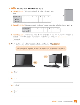 7.	 Dos integrantes. Analicen el rectángulo.
	 Etapa 1 (grupal): Construyan una tabla de valores naturales para
p y q.
Rectángulo A B C D E F G
p (cm)
q (cm)
	 Etapa 2 (individual): Calcula el área del rectángulo usando una de las multiplicaciones: p • q o q • p.
Rectángulo A B C D E F G
Área (cm2
)
	 Etapa 3 (grupal): Comparen los valores de área obtenidos de esta manera. Relaciónenlos con la
propiedad conmutativa de la multiplicación y redacten una conclusión. [Profundización]
Conclusión:
8.	 Traduce a lenguaje cotidiano de acuerdo con la situación del problema .
En las imágenes, el precio de venta de dos equipos se representa con letras.
$D
$E
a.	 D + E
b.	 2 • E
c.	 2 • D = E
d.	
E
2
= D
p
q
Lección 5 • Patrones y lenguaje algebraico 67
CL0000000001374 MATE_6B_CA_U2_7150.indd 67 11-12-20 16:07
 