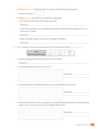 Etapa 3 (individual): Resuelve ahora la ecuación de la balanza que dibujaste.
Valor de la incógnita =
	 Etapa 4 (grupal): Comparen sus resultados y respondan.
•	¿Es correcta la afirmación de Lorena?, ¿por qué?
Respuesta:
•	¿Cuál sería la solución si se cuadruplica la cantidad de elementos en la balanza?, ¿y si se
aumenta en 9 veces?
Respuesta:
•	¿Qué conclusión pueden sacar de los resultados obtenidos?
Respuesta:
f.	 En un colegio se hizo una campaña para reunir la basura electrónica. [Profundización]
Curso A B Total
Basura electrónica (kg) 2x + 7 3x + 3 50
•	 ¿Cuántos kilogramos de basura electrónica se reunieron?
Respuesta:
•	 ¿Cuántos kilogramos recolectó el curso A?
Respuesta:
•	 ¿Cuántos kilogramos de diferencia hay entre lo recolectado por los cursos?
Respuesta:
•	 Para el próximo año, la meta es duplicar la cantidad de basura electrónica recolectada entre
ambos cursos. ¿Cuál es la ecuación que modela dicha meta?
Respuesta:
77
Lección 6 • Ecuaciones
CL0000000001374 MATE_6B_CA_U2_7150.indd 77 11-12-20 16:08
 