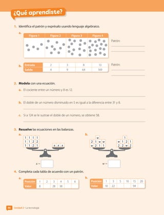 ¿Qué aprendiste?
1.	 Identifica el patrón y exprésalo usando lenguaje algebraico.
a.	
Figura 1 Figura 2 Figura 3 Figura 4
Patrón:
b.	 Entrada 2 3 8 13
Salida 4 9 64 169
Patrón:
2.	 Modela con una ecuación.
a.	 El cociente entre un número y 8 es 12.
b.	 El doble de un número disminuido en 5 es igual a la diferencia entre 31 y 8.
c.	 Si a 124 se le sustrae el doble de un número, se obtiene 58.
3.	 Resuelve las ecuaciones en las balanzas.
a.	
x x x
1 1 2 1
1 1 2 2
1 1 1 1
x =
b.	
w 2 1 1
2 1 w w
w
2 2 w 2
w 1 2 1
1
w =
4.	 Completa cada tabla de acuerdo con un patrón.
a.	
Posición 1 2 3 4 5 6
Valor 8 28 38
b.	
Posición 1 3 5 10 15 20
Valor 10 22 94
Unidad 2 • La tecnología
86
CL0000000001374 MATE_6B_CA_U2_7150.indd 86 11-12-20 16:08
 