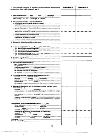 1 . T e m a p r i n c i p a l ( c o n figuras d e diagnóstico; si s e d e s e a a s e n t a r descripciones o
interpretaciones, utilizar h o j a s s u e l t a s o la pág. 5 )
2. Héroe p r i n c i p a l : e d a d s e x o _
i n t e r e s e s r a s g o s _
. oficio _ . h a b i l i d a d e s .
adecuación ( / . / • / , / / • / ) y / o i m a g e n d e sí m i s m o _
. i m a g e n c o r p o r a l .
3. P r i n c i p a l e s n e c e s i d a d e s e i m p u l s o s d e l héroe:
a) n e c e s i d a d e s d e c o n d u c t a del héroe ( e n el relato):
q u e implican:
b) figuras, o b j e t o s y circunstancias introducidos:
q u e implican n e c e s i d a d d e o p a r a :
c) figuras, o b j e t o s o c i r c u n s t a n c i a s omitidos:
q u e implican n e c e s i d a d d e o p a r a :
4. Concepción d e l a m b i e n t e (del m u n d o ) c o m o :
5. a ) L a s figuras p a r e n t a l e s ( m _ , f _ ) s o n vistas c o m o .
y la reacción del s u j e t o f r e n t e a ellas e s
b) L a s figuras c o n t e m p . ( m , f ) s o n vistas c o m o _
y la reacción del s u j e t o f r e n t e a ellas e s
c) L a s figuras d e m e n o s e d a d ( m , f ) s o n vistas c o m o .
y la reacción d e l s u j e t o f r e n t e a ellas e s
6. C o n f l i c t o s s i g n i f i c a t i v o s :
7. N a t u r a l e z a d e l a s a n s i e d a d e s : ( /
daño físico o castigo
desaprobación.
falta o pérdida d e cariño_
ser a b a n d o n a d o
ser d o m i n a d o e i n c a p a z d e d e f e n d e r s e .
ser d e v o r a d o o t r a s .
e n f e r m e d a d o lesión_
privación
8. P r i n c i p a l e s d e f e n s a s c o n t r a l o s c o n f l i c t o s y t e m o r e s : ( J )
represión formación reactiva
regresión negación introyección.
a i s l a m i e n t o
racionalización
identificación p r o t e c t o r a .
anulación retroactiva
_ escisión.
o t r a s _
9. Adecuación d e l superyó q u e s e m a n i f i e s t a e n q u e e l " c a s t i g o " p o r u n
" c r i m e n " e s : ( / )
a p r o p i a d o i n a p r o p i a d o
d e m a s i a d o s e v e r o (lo q u e también está indicado por la i n m e d i a t e z del castigo)
i n c o n s e c u e n t e .
también:
d e m a s i a d o l e v e •_
r e s p u e s t a inicial d e m o r a d a o p a u s a s _.
t a r t a m u d e o o t r a s m a n i f e s t a c i o n e s d e interferencia s u p e r y o i c a
1 ".Integración d e l y o , q u e s e m a n i f i e s t a e n : ( / , • / , / / / )
Héroe: a d e c u a d o i n a d e c u a d o
d e s e n l a c e : feliz d e s d i c h a d o
fantásticor e a l i s t a ,
control d e l o s i m p u l s o s .
p r o c e s o s d e l p e n s a m i e n t o c o m o s e r e v e l a n e n el a r g u m e n t o ,
q u e e s : ( •/, •/ •/, •/•/•/ )
e s t e r e o t i p a d o original a p r o p i a d o .
c o m p l e t o i n c o m p l e t o i n a p r o p i a d o _
sincrético c o n c r e t o c o n t a m i n a d o .
I n t e l i g e n c i a .
Nivel d e maduración.
H i s t o r i a N o . 1 H i s t o r i a N o . 2
2
 