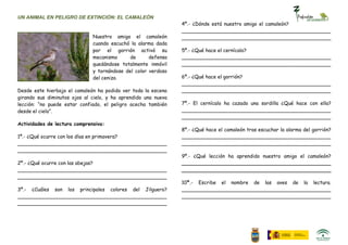 UN ANIMAL EN PELIGRO DE EXTINCIÓN: EL CAMALEÓN
                                                                4º.- ¿Dónde está nuestro amigo el camaleón?
                                                                ________________________________________________
                              Nuestro amigo el camaleón         ________________________________________________
                              cuando escuchó la alarma dada
                              por el gorrión activó su          5º.- ¿Qué hace el cernícalo?
                              mecanismo      de      defensa    ________________________________________________
                              quedándose totalmente inmóvil     ________________________________________________
                              y tornándose del color verdoso
                              del cenizo.                       6º.- ¿Qué hace el gorrión?
                                                                ________________________________________________
Desde este hierbajo el camaleón ha podido ver toda la escena    ________________________________________________
girando sus diminutos ojos al cielo, y ha aprendido una nueva
lección: “no puede estar confiado, el peligro acecha también    7º.- El cernícalo ha cazado una sordilla ¿Qué hace con ella?
desde el cielo”.                                                ________________________________________________
                                                                ________________________________________________
Actividades de lectura comprensiva:
                                                                8º.- ¿Qué hace el camaleón tras escuchar la alarma del gorrión?
1º.- ¿Qué ocurre con los días en primavera?                     ________________________________________________
________________________________________________                ________________________________________________
________________________________________________
                                                                9º.- ¿Qué lección ha aprendido nuestro amigo el camaleón?
2º.- ¿Qué ocurre con las abejas?                                ________________________________________________
________________________________________________                ________________________________________________
________________________________________________
                                                                10ª.- Escribe el nombre de las aves de la lectura.
3º.- ¿Cuáles son los principales colores del Jilguero?          ________________________________________________
________________________________________________                ________________________________________________
________________________________________________
 