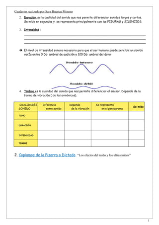 Cuaderno realizado por Sara Huertas Moreno
   2. Duración es la cualidad del sonido que nos permite diferenciar sonidos largos y cortos.
      Se mide en segundos y se representa principalmente con las FIGURAS y SILENCIOS.

   3. Intensidad :
      __________________________________________________________________
      __________________________________________________________________
      __________________________________________________________________

    El nivel de intensidad sonora necesario para que el ser humano puede percibir un sonido
     varía entre 0 Db: umbral de audición y 120 Db: umbral del dolor




   4. Timbre es la cualidad del sonido que nos permite diferenciar el emisor. Depende de la
      forma de vibración ( de los armónicos).


   CUALIDADES        Diferencia        Depende             Se representa
                                                                                      Se mide
   SONIDO              entre sonido     de la vibración        en el pentagrama

   TONO



   DURACIÓN



   INTENSIDAD


   TIMBRE




2. Copiamos de la Pizarra o Dictado. “Los efectos del ruido y los ultrasonidos”




                                                                                                1
 
