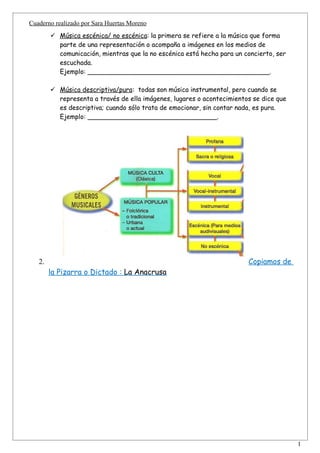 Cuaderno realizado por Sara Huertas Moreno
         Música escénica/ no escénica: la primera se refiere a la música que forma
          parte de una representación o acompaña a imágenes en los medios de
          comunicación, mientras que la no escénica está hecha para un concierto, ser
          escuchada.
          Ejemplo: _____________________________________________.

         Música descriptiva/pura: todas son música instrumental, pero cuando se
          representa a través de ella imágenes, lugares o acontecimientos se dice que
          es descriptiva; cuando sólo trata de emocionar, sin contar nada, es pura.
          Ejemplo: ________________________________.




   2.                                                                   Copiamos de
        la Pizarra o Dictado : La Anacrusa




                                                                                        1
 