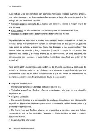 Dra. Beatriz Checchia
46 :: Facultad de Ciencias de la Educación
(Los motivos y las características son operarios intrínsecos o rasgos supremos propios,
que determinan cómo se desempeñarán las personas a largo plazo en sus puestos de
trabajo, sin una supervisión cercana).
 Concepto propio o concepto de sí mismo: Las actitudes, valores o imagen propia de
una persona.
 Conocimiento: La información que una persona posee sobre áreas específicas.
 Habilidad: La capacidad de desempeñar cierta tarea física o mental.
Siguiendo con las ideas de los autores mencionados, éstos introducen el “Modelo de
Iceberg” donde muy gráficamente dividen las competencias en dos grandes grupos: las
más fáciles de detectar y desarrollar (como las destrezas y los conocimientos) y las
menos fáciles de detectar y luego desarrollar (como el concepto de uno mismo, las
actitudes, los valores y el núcleo mismo de la personalidad). En este esquema, las
competencias son centrales y superficiales (entiéndase superficial por estar en la
superficie).
Para Gairín (2005), las competencias pueden ser de diferente naturaleza y clasificarse de
acuerdo a diferentes criterios. No obstante, cabe remarcar la posibilidad de que una
competencia pueda reunir varias características o que los límites de clasificación no
siempre sean excluyentes. Su propuesta se detalla a continuación:
 Según su transferibilidad:
- Horizontales/ generales: Liderazgo, trabajo en equipo, etc.
- Verticales/ específicas: Realizar informes provisionales, intervenir en una situación
específica, etc.
 Según su utilización:
- De presente: Ligadas a la consecución de resultados inmediatos y son básicamente
específicas. Algunos las dividen en partes como: competencia, unidad de competencia y
elemento de competencia.
- De futuro: Las que facilitan situarse en prospectiva y permiten crear ese futuro,
cambiando formas de funcionamiento, redefiniendo fronteras entre sectores o creando
actividades nuevas.
 Según el ámbito referencial:
 