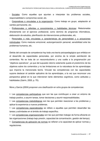 FORMACIÓN POR COMPETENCIAS:
UNA PROPUESTA TEÓRICO-METODOLÓGICA PARA LA REVISIÓN DEL CURRICULUM EN EDUCACIÓN SUPERIOR
Cuadernos de Educación :: 47
- Sociales: Como aquellas que apuntan a interpretar los problemas sociales,
responsabilidad o compromiso social, etc.
- Corporativas o vinculadas a la organización: Como trabajo en grupo, adaptación al
cambio permanente, etc.
- Profesionales o referidas a conocimientos y habilidades técnicas: Relacionadas
directamente con el ejercicio profesional, como dominio de programas informáticos,
elaboración de estudios, planificación de intervenciones profesionales, etc.
- Personales o más vinculadas a características de personalidad y a actuaciones
individuales: Como madurez emocional, autoorganización personal, sensibilidad ante los
problemas humanos, etc.
Detrás del concepto de competencia hay toda una teoría psicopedagógica que enfatiza en
el desarrollo de capacidades personales, por encima de la simple asimilación de
contenidos. No se trata de un neoconductismo y una vuelta a la programación por
“objetivos operativos”, ya que del supuesto retorno solamente queda el predominio de los
objetivos sobre los contenidos y no las limitaciones en la naturaleza de los aprendizajes
que imponía la mencionada teoría. Vincular las competencias con las capacidades
supone destacar el carácter aplicativo de los aprendizajes, a la vez que reconocer una
perspectiva global en la que intervienen tanto elementos cognitivos, como actitudes y
habilidades (Gairín, 2005, p. 70).
Mora y García (2004) proponen una clasificación en ocho grupos de competencias:
 Las competencias participativas que son las que contribuyen a crear un entorno de
trabajo positivo, a asumir tareas, tomar decisiones y asumir responsabilidades.
 Las competencias metodológicas son las que permiten reaccionar a los problemas y
aplicar la experiencia a nuevos problemas.
 Las competencias especializadas se refiere a aquellas que permiten desarrollar las
tareas y actividades en el ámbito de trabajo específico.
 Las competencias organizacionales son las que permiten trabajar de forma eficiente en
las organizaciones (trabajo bajo presión, capacidad de concentración, gestión del tiempo).
 Competencias de aplicación de normas se refieren a la capacidad de aplicar normas y
regulaciones.
 