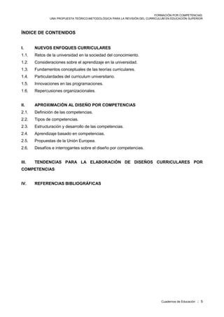 FORMACIÓN POR COMPETENCIAS:
UNA PROPUESTA TEÓRICO-METODOLÓGICA PARA LA REVISIÓN DEL CURRICULUM EN EDUCACIÓN SUPERIOR
Cuadernos de Educación :: 5
ÍNDICE DE CONTENIDOS
I. NUEVOS ENFOQUES CURRICULARES
1.1. Retos de la universidad en la sociedad del conocimiento.
1.2. Consideraciones sobre el aprendizaje en la universidad.
1.3. Fundamentos conceptuales de las teorías curriculares.
1.4. Particulardades del curriculum universitario.
1.5. Innovaciones en las programaciones.
1.6. Repercusiones organizacionales.
II. APROXIMACIÓN AL DISEÑO POR COMPETENCIAS
2.1. Definición de las competencias.
2.2. Tipos de competencias.
2.3. Estructuración y desarrollo de las competencias.
2.4. Aprendizaje basado en competencias.
2.5. Propuestas de la Unión Europea.
2.6. Desafíos e interrogantes sobre el diseño por competencias.
III. TENDENCIAS PARA LA ELABORACIÓN DE DISEÑOS CURRICULARES POR
COMPETENCIAS
IV. REFERENCIAS BIBLIOGRÁFICAS
 