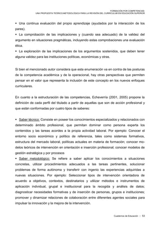 FORMACIÓN POR COMPETENCIAS:
UNA PROPUESTA TEÓRICO-METODOLÓGICA PARA LA REVISIÓN DEL CURRICULUM EN EDUCACIÓN SUPERIOR
Cuadernos de Educación :: 53
 Una continua evaluación del propio aprendizaje (ayudados por la interacción de los
pares).
 La comprobación de las implicaciones y (cuando sea adecuado) de la validez del
argumento en situaciones pragmáticas, incluyendo estas comprobaciones una evaluación
ética.
 La exploración de las implicaciones de los argumentos sostenidos, que deben tener
alguna validez para las instituciones políticas, económicas y otras.
Si bien el mencionado autor considera que esta enumeración va en contra de las posturas
de la competencia académica y de la operacional, hay otras perspectivas que permiten
pensar en el valor que representa la inclusión de este concepto en los nuevos enfoques
curriculares.
En cuanto a la estructuración de las competencias, Echeverría (2001, 2005) propone la
definición de cada perfil del titulado a partir de aquellas que son de acción profesional y
que están conformadas por cuatro tipos de saberes:
 Saber técnico: Consiste en poseer los conocimientos especializados y relacionados con
determinado ámbito profesional, que permitan dominar como persona experta los
contenidos y las tareas acordes a la propia actividad laboral. Por ejemplo: Conocer el
entorno socio económico y político de referencia, tales como sistemas formativos,
estructura del mercado laboral, políticas actuales en materia de formación; conocer mo-
delos teóricos de intervención en orientación e inserción profesional; conocer modelos de
gestión estratégica y por procesos
 Saber metodológico: Se refiere a saber aplicar los conocimientos a situaciones
concretas, utilizar procedimientos adecuados a las tareas pertinentes, solucionar
problemas de forma autónoma y transferir con ingenio las experiencias adquiridas a
nuevas situaciones. Por ejemplo: Seleccionar tipos de intervención orientadora de
acuerdo a objetivos, contextos, destinatarios y utilizar métodos e instrumentos de
aplicación individual, grupal e institucional para la recogida y análisis de datos;
diagnosticar necesidades formativas y de inserción de personas, grupos e instituciones;
promover y dinamizar relaciones de colaboración entre diferentes agentes sociales para
impulsar la innovación y la mejora de la intervención.
 